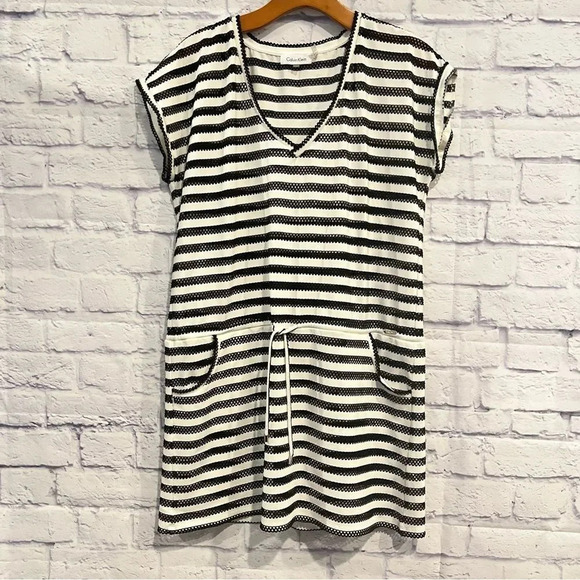 Calvin Klein Swimsuit Top Cover Up Size Medium Black Stripe Drawstring Waist - Picture 1 of 9